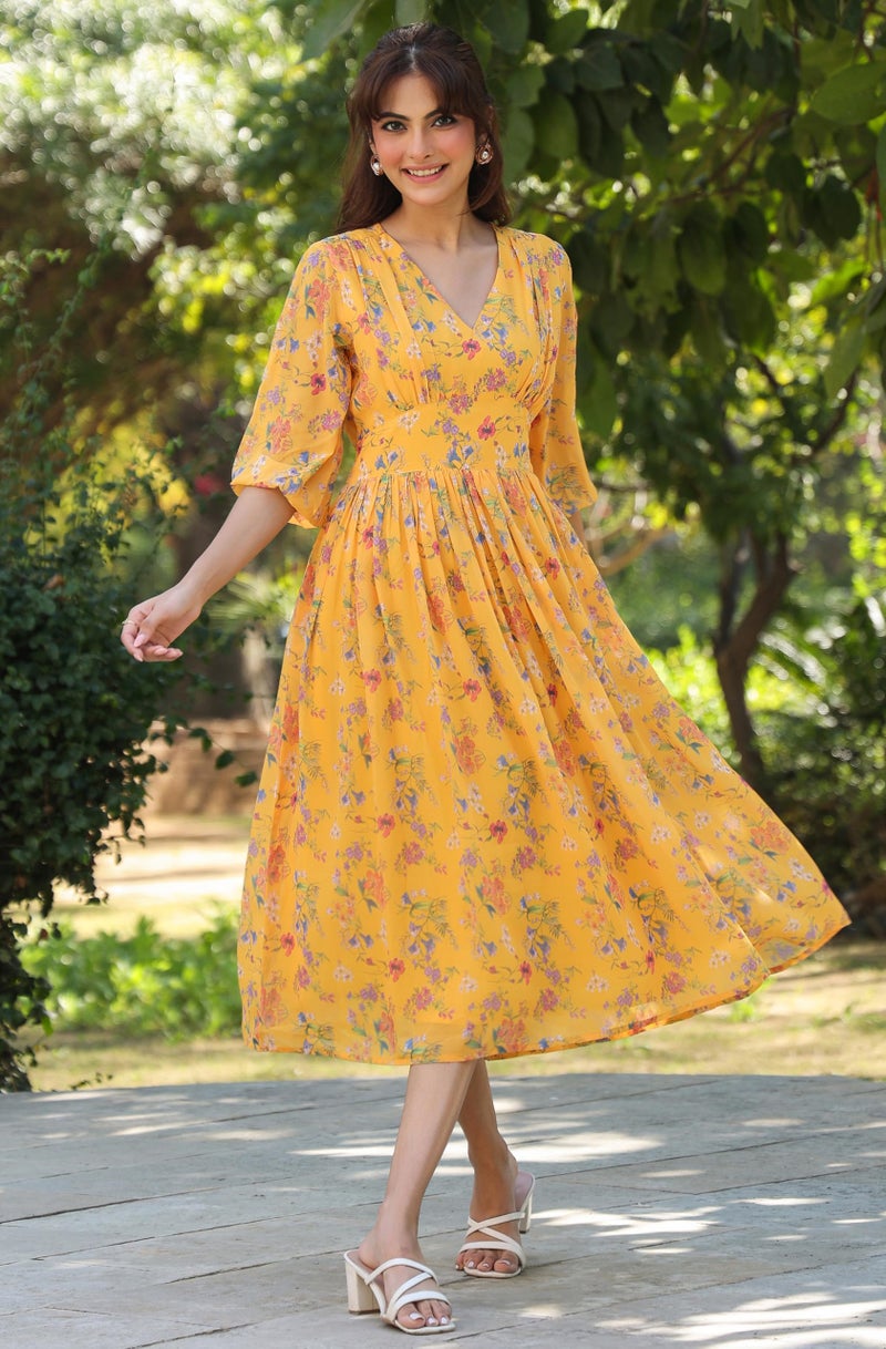 Janasya Women's Mustard Georgette Floral Printed Gathered Dress (JAA25DR01174-2XL) - Image 5