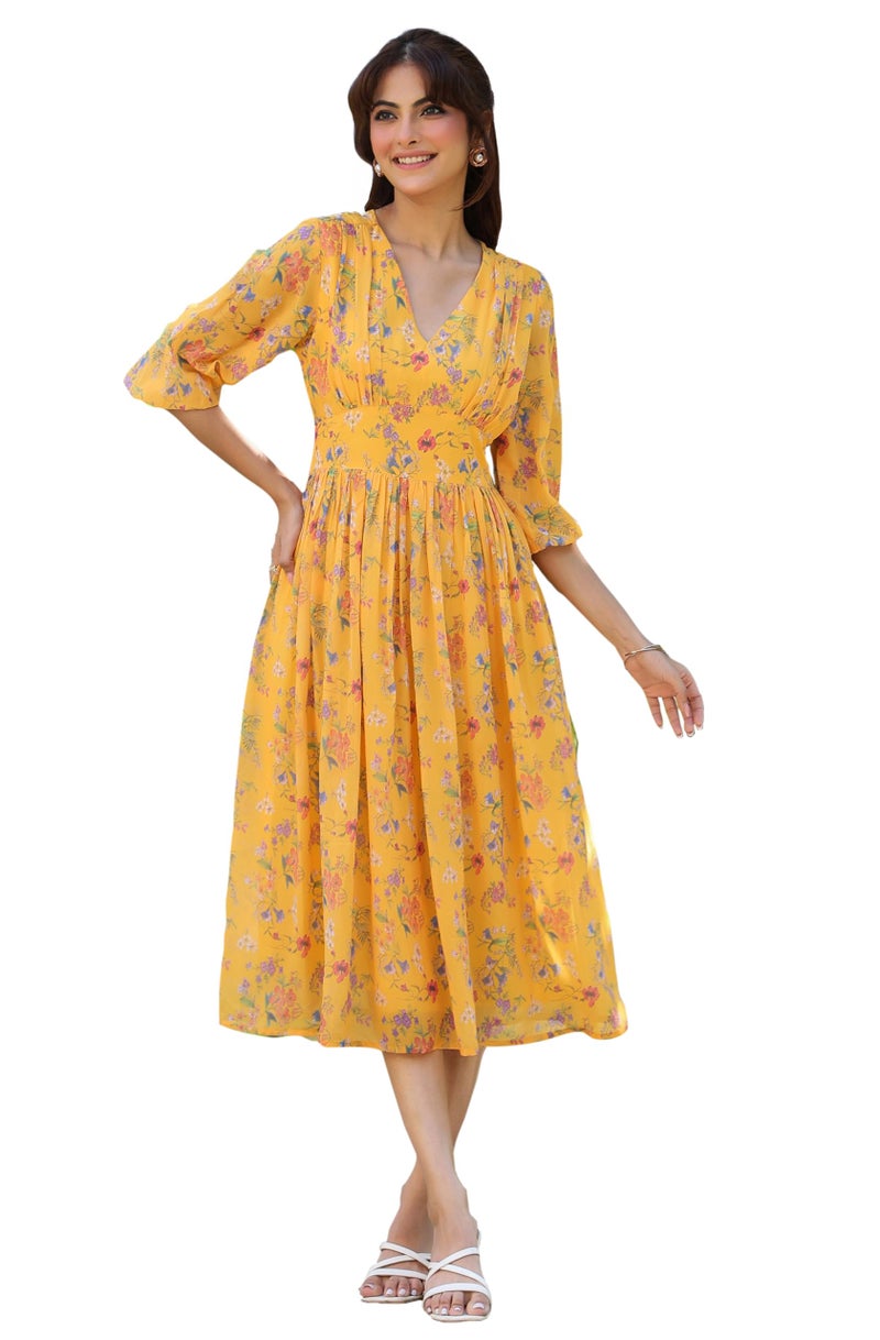 Janasya Women's Mustard Georgette Floral Printed Gathered Dress (JAA25DR01174-2XL) - Image 1