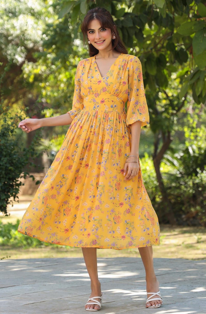 Janasya Women's Mustard Georgette Floral Printed Gathered Dress (JAA25DR01174-2XL) - Image 3
