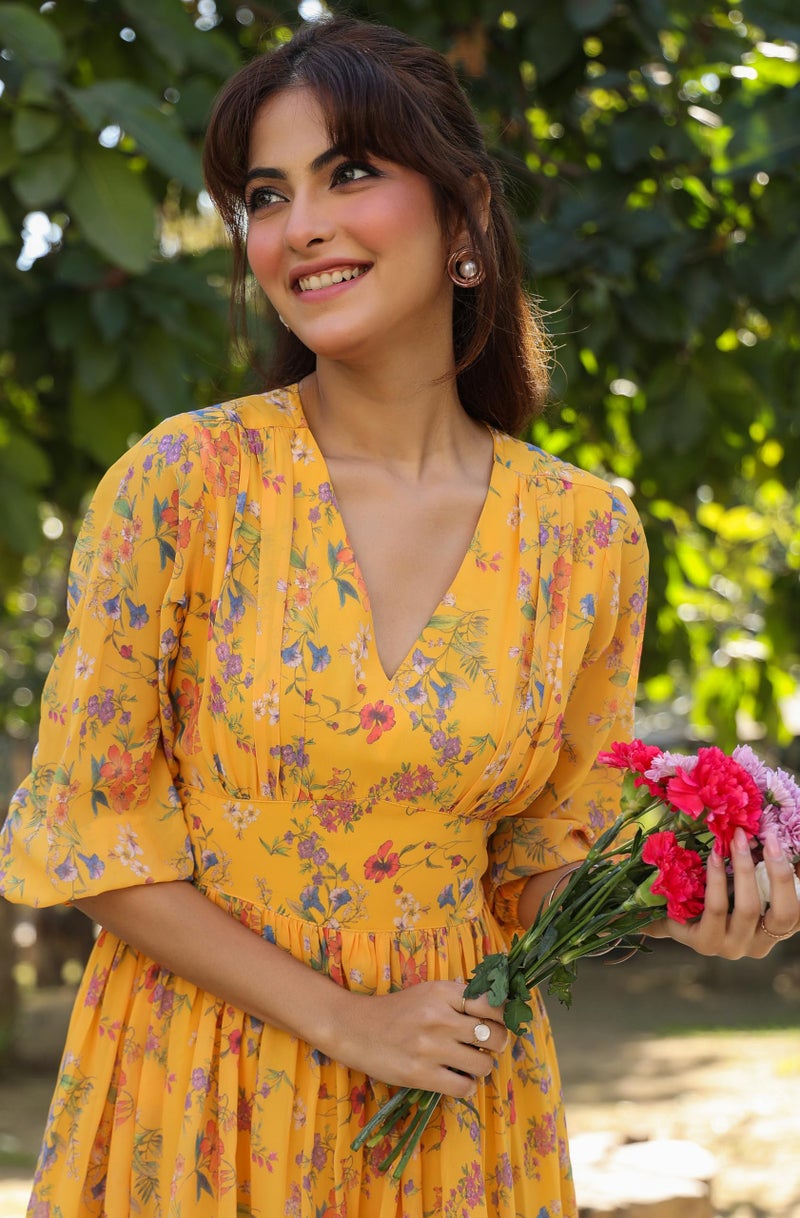Janasya Women's Mustard Georgette Floral Printed Gathered Dress (JAA25DR01174-2XL) - Image 2