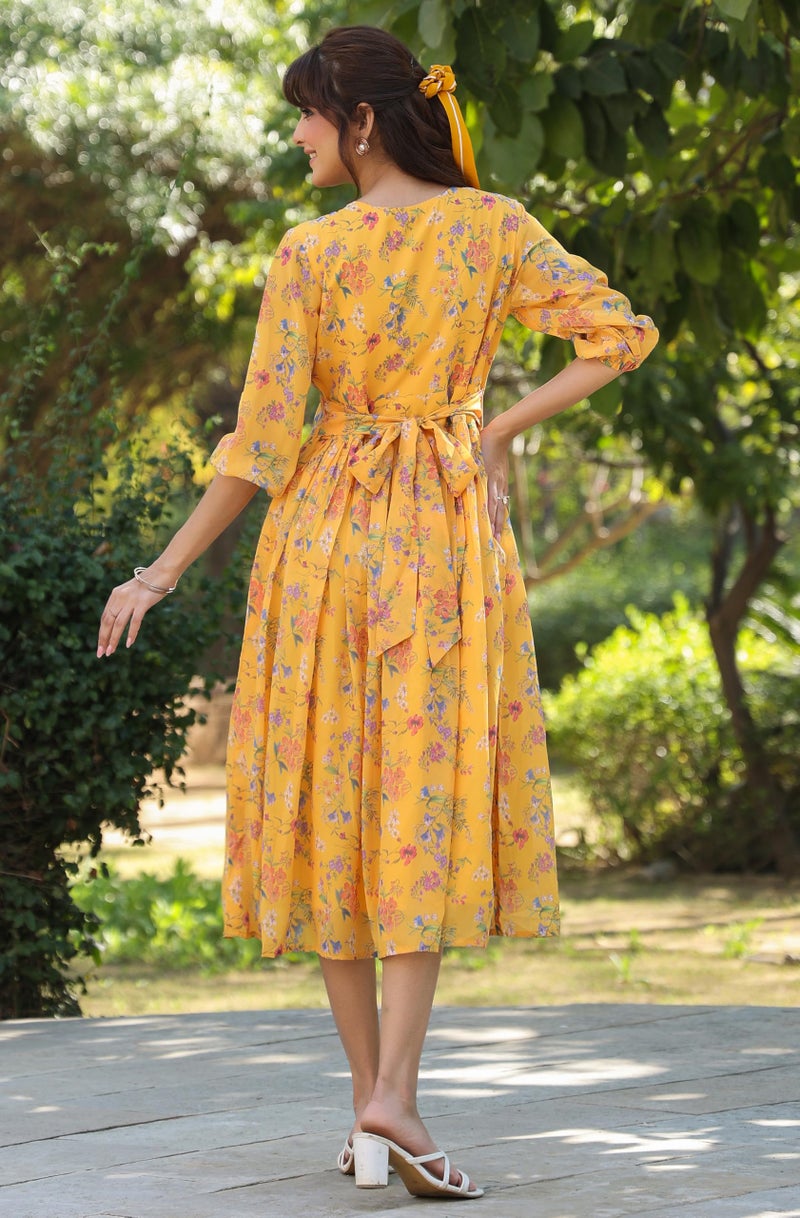Janasya Women's Mustard Georgette Floral Printed Gathered Dress (JAA25DR01174-2XL) - Image 4