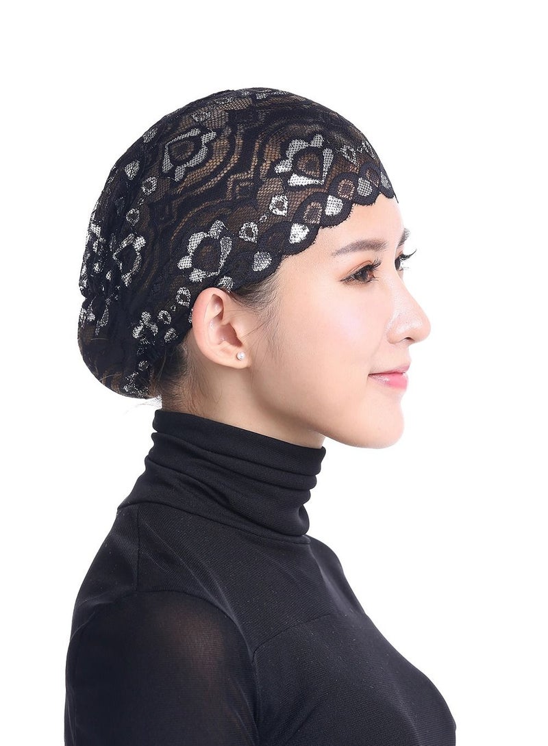 Loquat Women's Solid Color Shiny Lace Hijab Inner Cap Black  - Image 1