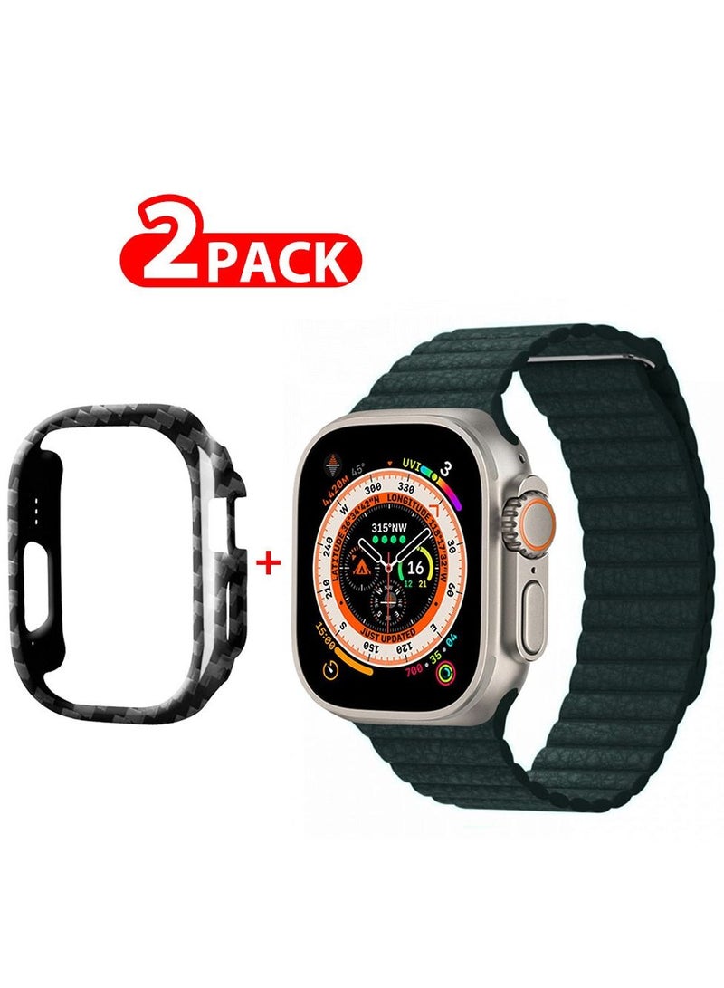 CATANES 2 Packs For Apple Watch Band 49mm Leather Loop Band Magnetic Watch Strap Wristband and Carbon Fiber Cup Holder Green - Image 1