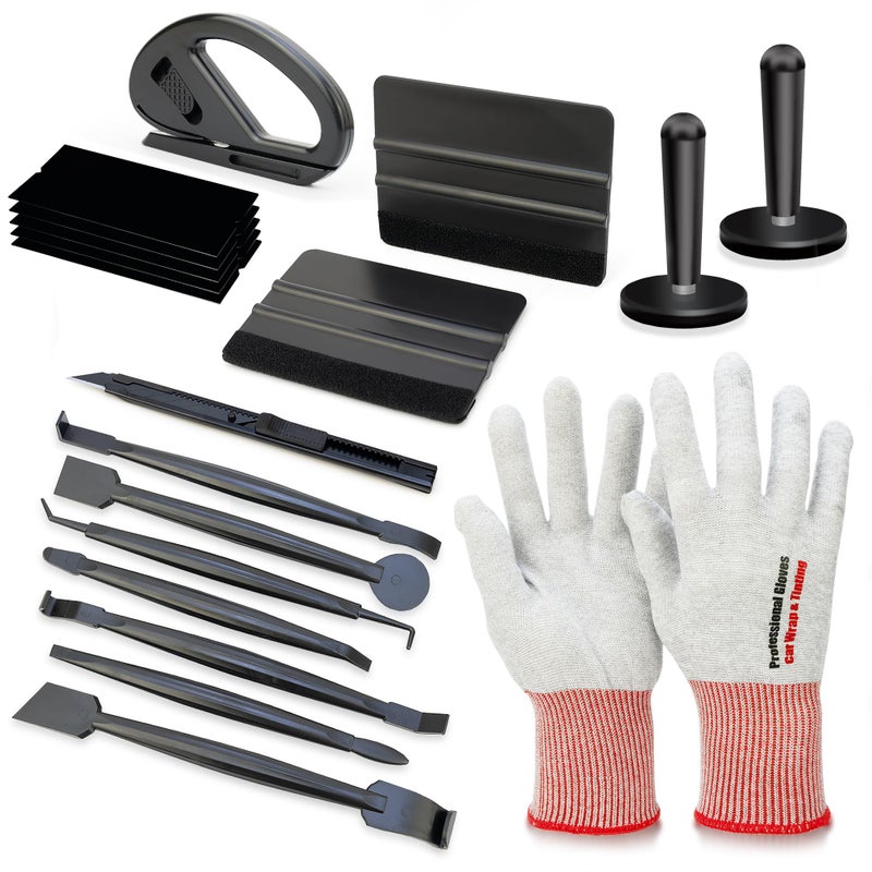 Premium Vinyl Wrap Tool Kit 7Piece Car Wrap Installation Tools with Carbon Fiber Gloves Wrap Squeegee Magnetic Positioners 9mm Knife Safety Cutter for VinylPPF AllinOne Accessories Black
