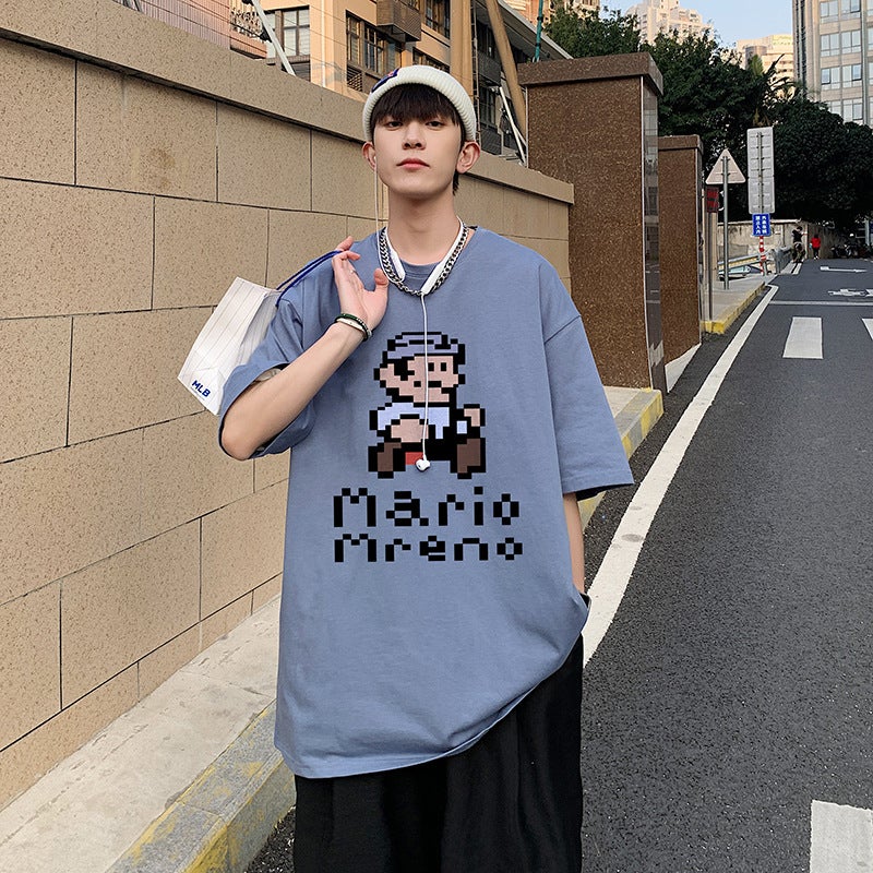Cartoon Printed Short-Sleeved T-Shirt For Men 2022 Summer Ins Couple Loose American National Trend Half-Sleeved Gray Simple Casual - Image 1