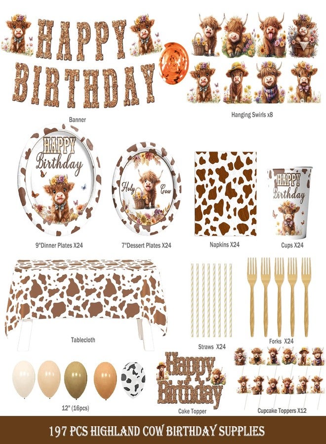 Hombae Highland Cow Birthday Decorations Set, 197 PCs - Floral Boho Cow Print Plates, Napkins, Banner, Tablecloth, Balloons, Cake Topper, Serves 24, Western Farm Animal Theme Party Supplies - Image 2