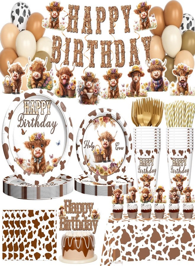 Hombae Highland Cow Birthday Decorations Set, 197 PCs - Floral Boho Cow Print Plates, Napkins, Banner, Tablecloth, Balloons, Cake Topper, Serves 24, Western Farm Animal Theme Party Supplies - Image 1