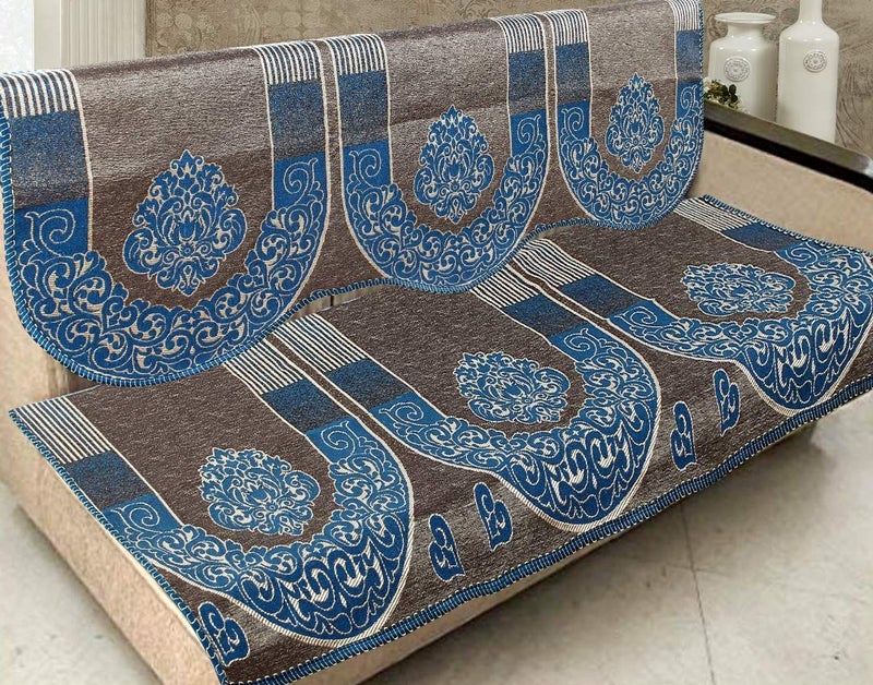 Nendle Damask Design Concept 5 Seater Sofa Set Covers with Cotton & Polyester (Sea Blue, Standard Size) - Pack of 6 - Image 1