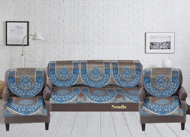 Nendle Damask Design Concept 5 Seater Sofa Set Covers with Cotton & Polyester (Sea Blue, Standard Size) - Pack of 6 - Image 2