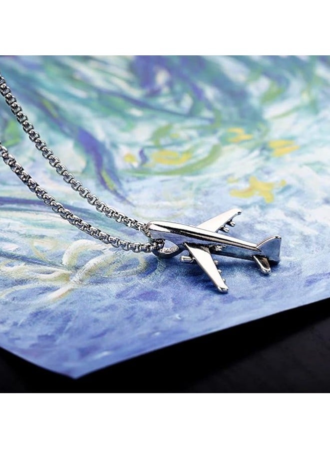 MARIO DRAFTS Airplane Pendant Necklace, Stainless Steel Chain, Silver Aircraft Charm - Image 4