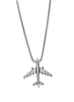 MARIO DRAFTS Airplane Pendant Necklace, Stainless Steel Chain, Silver Aircraft Charm  - Image 1