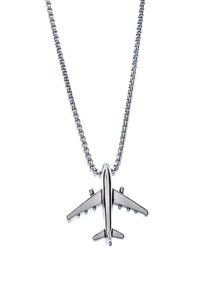 MARIO DRAFTS Airplane Pendant Necklace, Stainless Steel Chain, Silver Aircraft Charm - Image 1