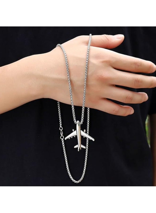 MARIO DRAFTS Airplane Pendant Necklace, Stainless Steel Chain, Silver Aircraft Charm - Image 2