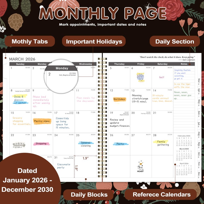 Artfan 2026-2030 Monthly Planner - 5 Year Planner/Calendar, 5 Year Calendar 2026-2030 Monthly Planners with Tabs, Jan. 2026 - Dec. 2030, 9" x 11", Twin-Wire Binding, Double-Side Pocket - Pinecone - Image 3