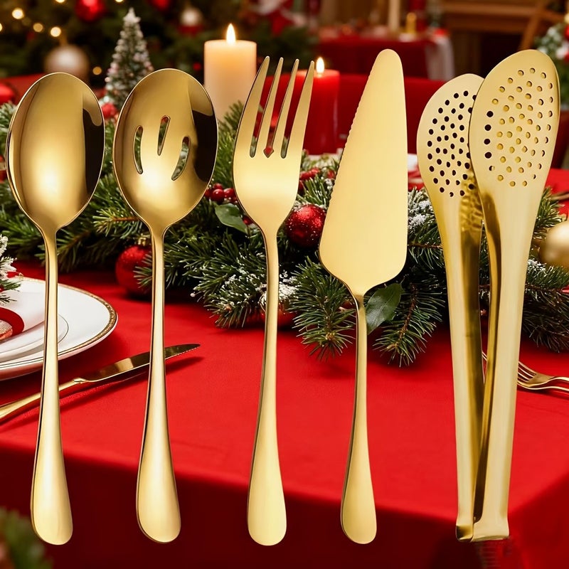 Silvery 5Pcs Stainless Steel Communal Tableware Set Cake Scoop Perforated Tongs Fork Spoon - Image 1