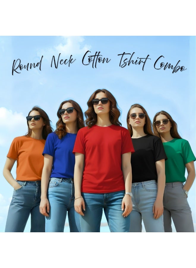 PRINTSHOP4ME Pack Of 5 Women's Round Neck T-Shirts | Short Sleeve | Cotton Tees | Comfortable Casual Wear For Daily Use, Gym - Image 4