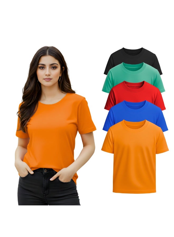 PRINTSHOP4ME Pack Of 5 Women's Round Neck T-Shirts | Short Sleeve | Cotton Tees | Comfortable Casual Wear For Daily Use, Gym - Image 1
