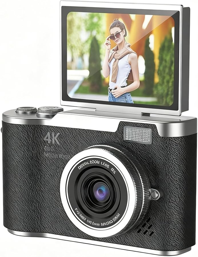 كاميرا رقمية CCD بدقة 4K 48 ميجابكسل مدمجة بشاشة قابلة للطي 180 درجة تكبير 8X فيديو 4K باللون الأسود مع ذاكرة 32 جيجابايت - Image 1