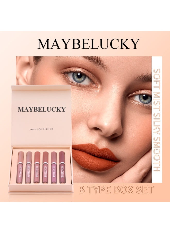 ربما محظوظ مجموعة أحمر شفاه سائل مات MAYBELUCKY - 6 قطع طويل الأمد ومقاوم للماء، لونات نود وأحمر، ملمس مخملي غير لاصق، مجموعة مكياج هدية للنساء - Image 1