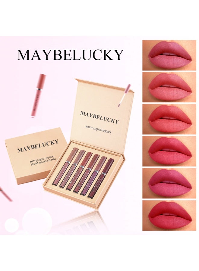 ربما محظوظ مجموعة أحمر شفاه سائل مات MAYBELUCKY - 6 قطع طويل الأمد ومقاوم للماء، لونات نود وأحمر، ملمس مخملي غير لاصق، مجموعة مكياج هدية للنساء - Image 4
