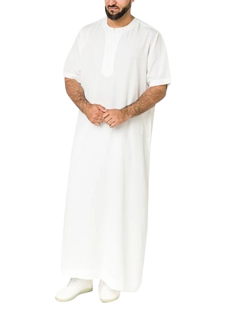 Loquat Men's Muslim Loose Casual Robe Thobe Solid Color Round Neck Short Sleeve Kaftan White - Image 1