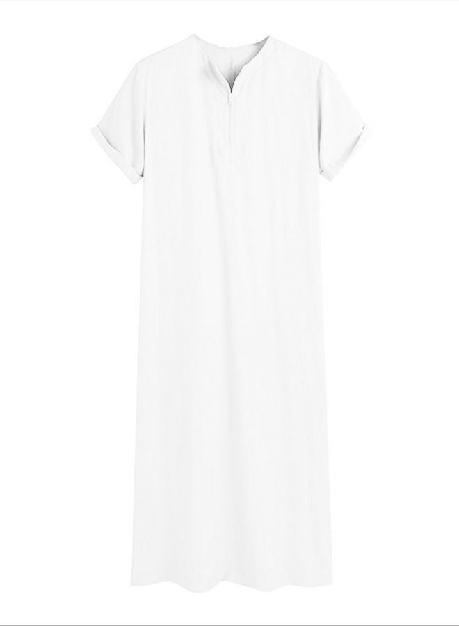Loquat Men's Muslim Loose Casual Robe Thobe Solid Color Round Neck Short Sleeve Kaftan White - Image 2