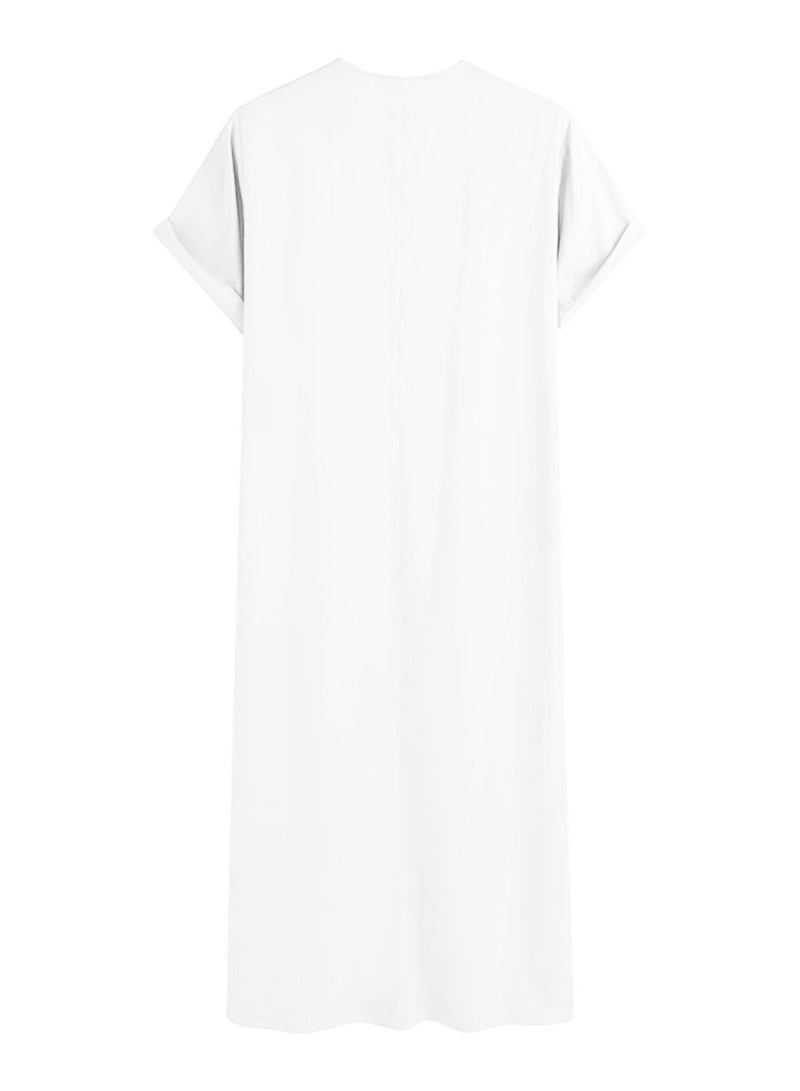 Loquat Men's Muslim Loose Casual Robe Thobe Solid Color Round Neck Short Sleeve Kaftan White - Image 3