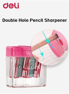 Deli Double Hole Manual Pencil Sharpener with Plastic Shell and High Quality Steel Blade for School Home Office Pink  - Image 2
