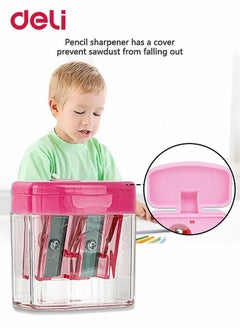 Deli Double Hole Manual Pencil Sharpener with Plastic Shell and High Quality Steel Blade for School Home Office Pink  - Image 5