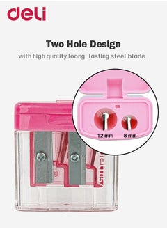 Deli Double Hole Manual Pencil Sharpener with Plastic Shell and High Quality Steel Blade for School Home Office Pink  - Image 3