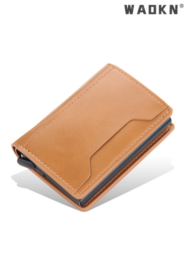 WAOKN Trendy Men's Short Aluminum Box Wallet Integrated with Anti-Magnetic & Anti-Theft Technology, Designed with Automatic Card Ejection (yellowish brown) - Image 1