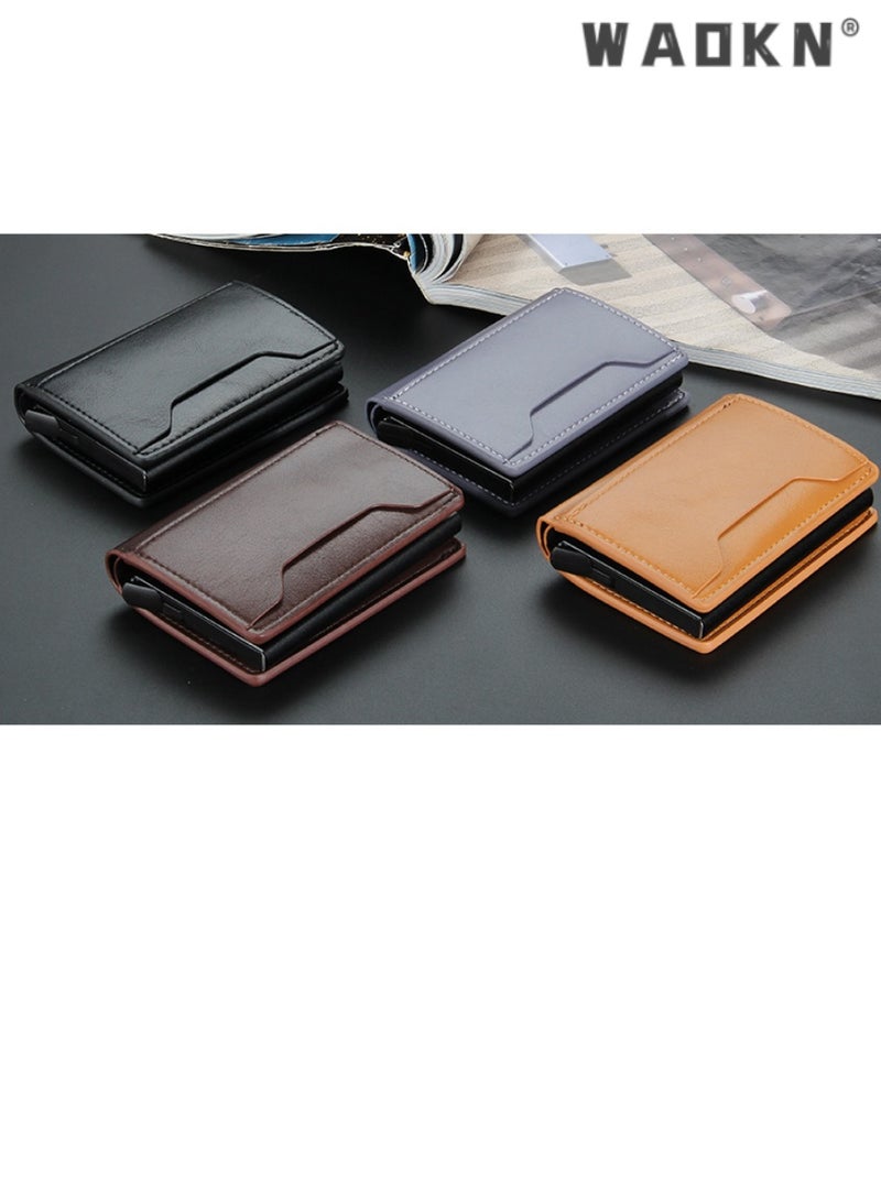 WAOKN Trendy Men's Short Aluminum Box Wallet Integrated with Anti-Magnetic & Anti-Theft Technology, Designed with Automatic Card Ejection (yellowish brown) - Image 4