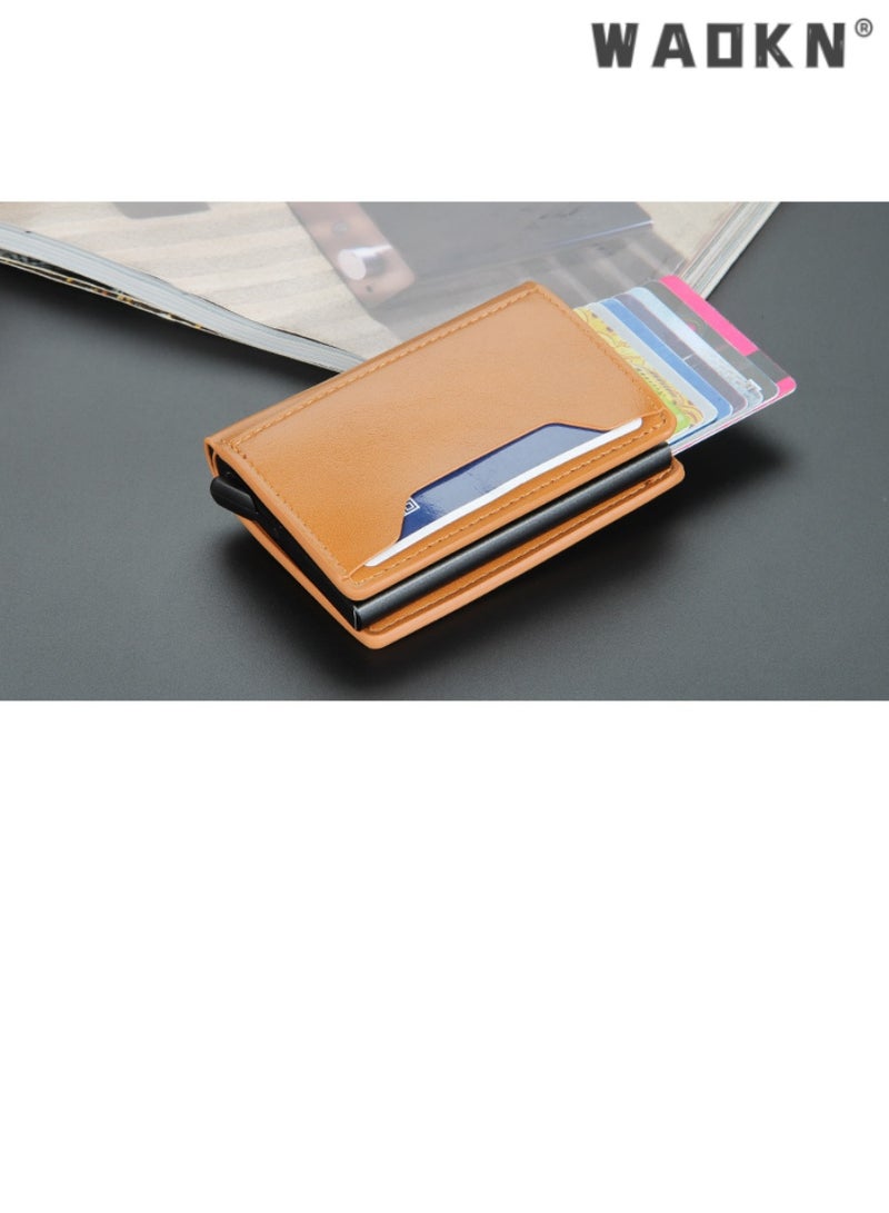 WAOKN Trendy Men's Short Aluminum Box Wallet Integrated with Anti-Magnetic & Anti-Theft Technology, Designed with Automatic Card Ejection (yellowish brown) - Image 2