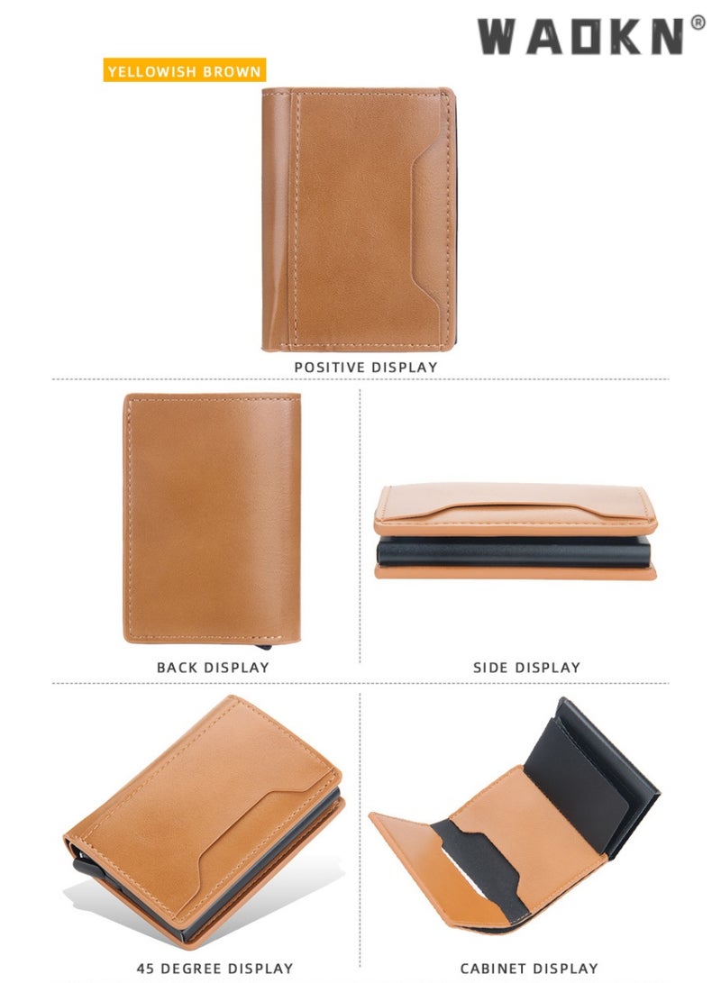 WAOKN Trendy Men's Short Aluminum Box Wallet Integrated with Anti-Magnetic & Anti-Theft Technology, Designed with Automatic Card Ejection (yellowish brown) - Image 3