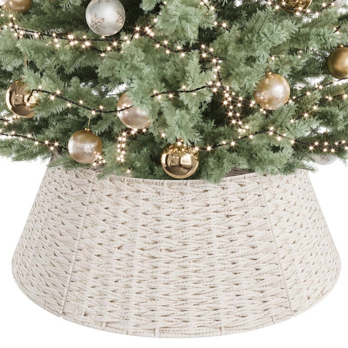 Christmas Tree Collar 28 Inch Woven Christmas Tree Basket Cotton Rope Xmas Tree Skirt Tree Ring Rustic Farmhouse Pencil Tree Collar for Holiday Home Decor