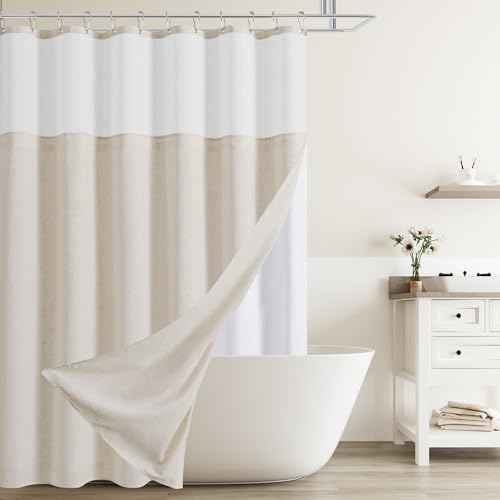 Naturoom Beige Linen Shower Curtain with Snap in Liner Set Rustic Farmhouse Shower Curtains for Bathroom 200GSM Textured Cream Burlap Cloth Double Bath Curtains with See Through Top Window 72x72 - Image 1