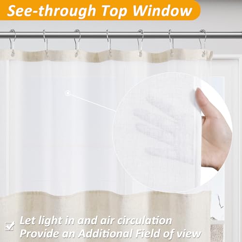 Naturoom Beige Linen Shower Curtain with Snap in Liner Set Rustic Farmhouse Shower Curtains for Bathroom 200GSM Textured Cream Burlap Cloth Double Bath Curtains with See Through Top Window 72x72 - Image 3