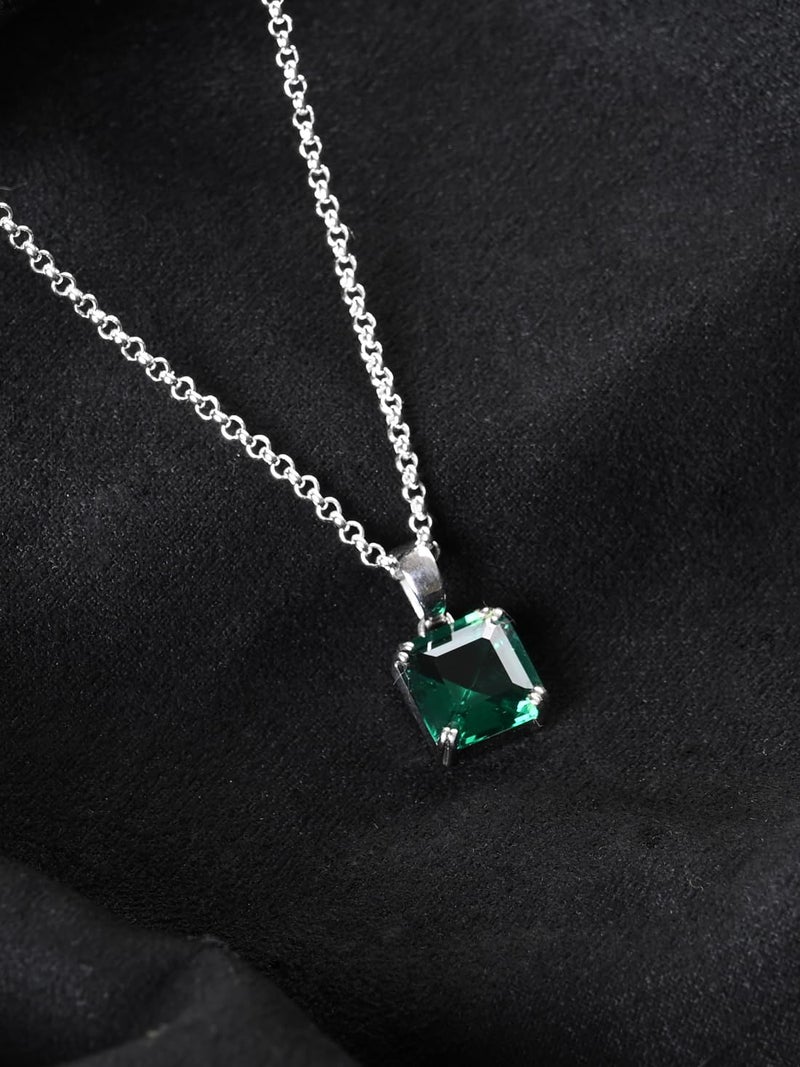 CLARA Pure 925 Sterling Silver Green Octagon Men Pendant Necklace | With or Without Chain | Gift for Men & Boys |Platinum Plated, Swiss Zircon - Image 2