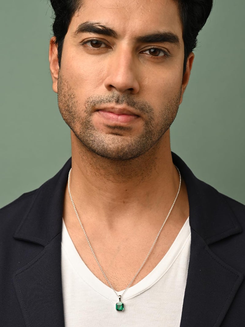 CLARA Pure 925 Sterling Silver Green Octagon Men Pendant Necklace | With or Without Chain | Gift for Men & Boys |Platinum Plated, Swiss Zircon - Image 3