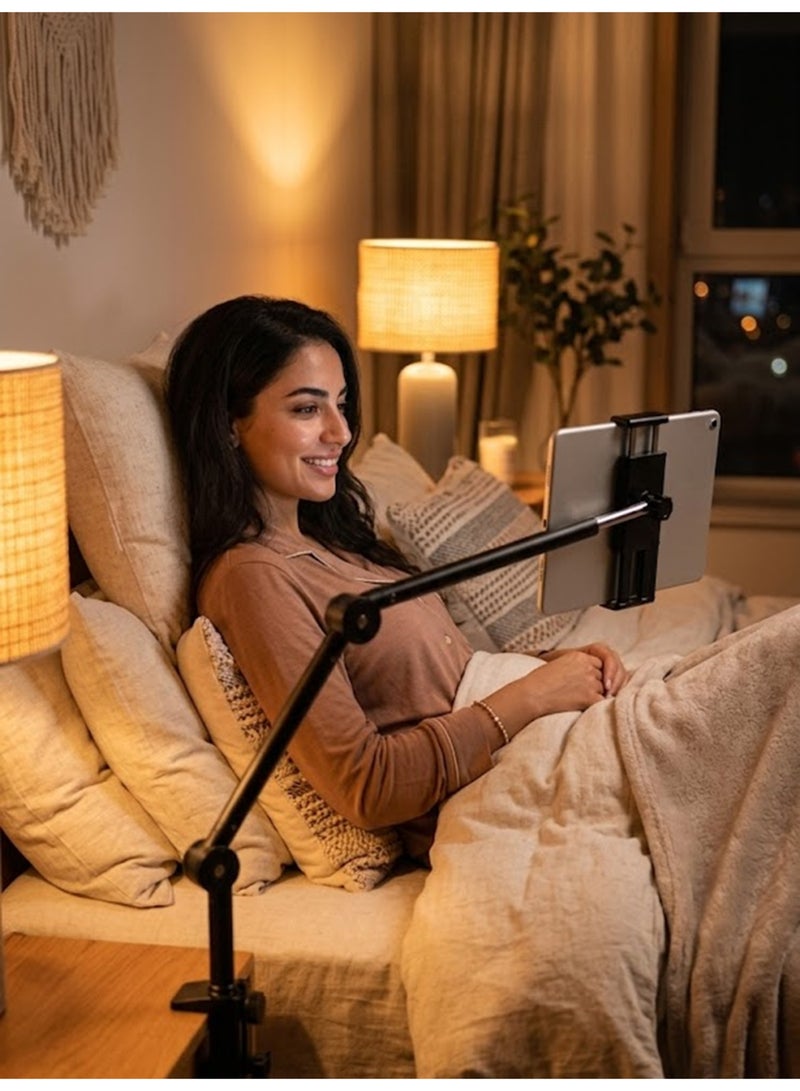 جوي فوكس حامل تابلت وهاتف متعدد الاستخدامات 2 في 1، حامل آيباد بدون استخدام اليدين للمكتب والسرير، حامل مكتبي علوي من الألومنيوم مع مشبك تثبيت، قابل للتعديل بزاوية 360 درجة، متوافق مع الهواتف والأجهزة اللوحية مقاس 4-12.9 بوصة. - Image 2
