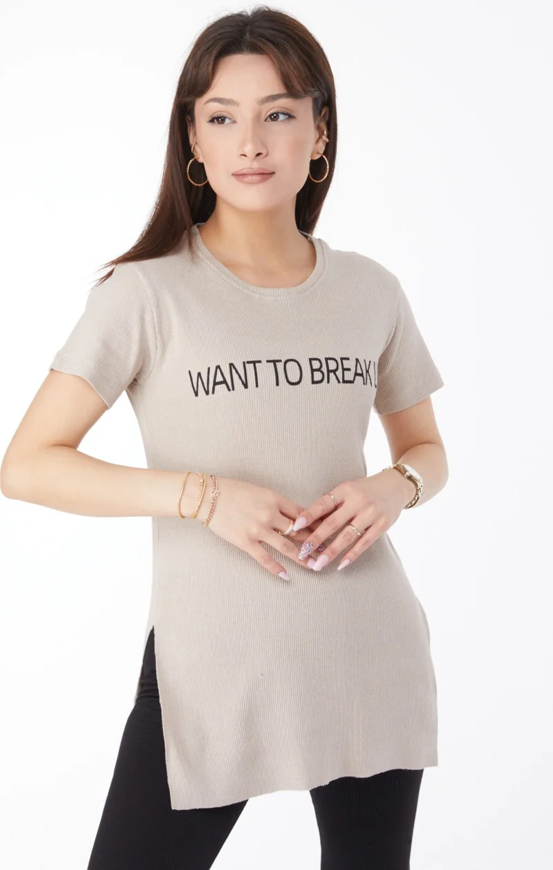 Tofisa Plain Crew Neck Women's Beige Printed Slit T-Shirt - 24791