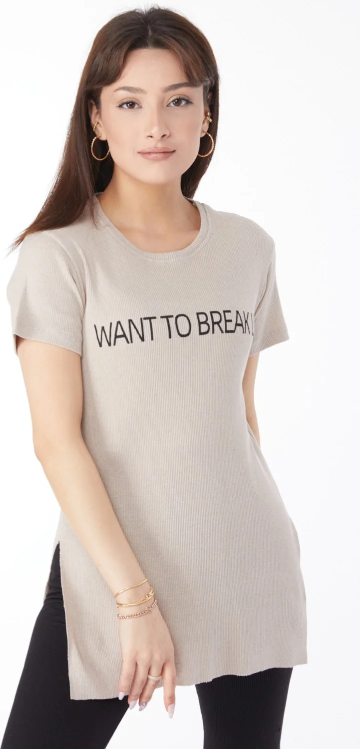 Tofisa Plain Crew Neck Women's Beige Printed Slit T-Shirt - 24791