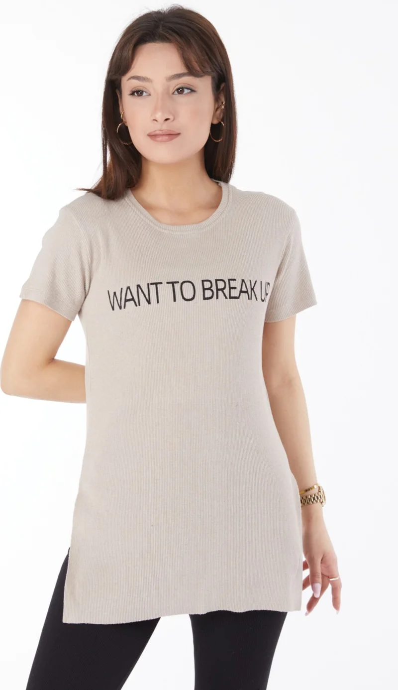 Tofisa Plain Crew Neck Women's Beige Printed Slit T-Shirt - 24791