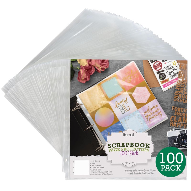 Samsill Scrapbook Refill Pages 12x12 Inch, 100 Pack, Fits 3 Ring Scrapbook Binders and 12x12 Photo Albums, Top-Loading, Heavy-Duty, Holds 2 Pages, Super Clear - Image 1