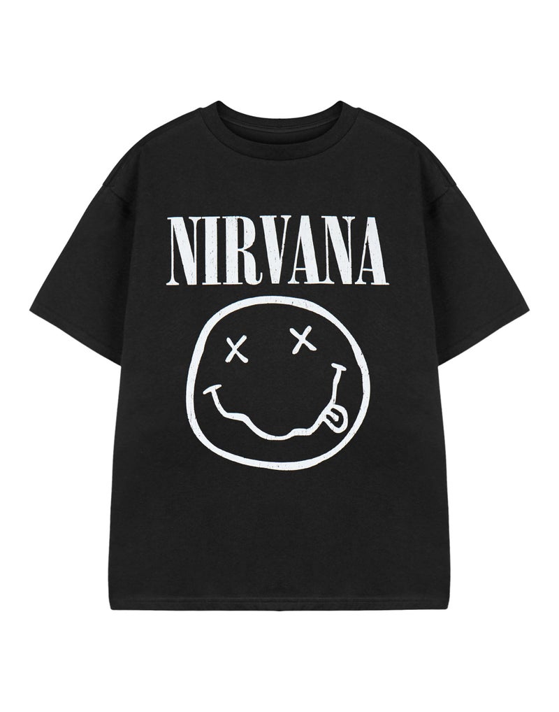 Nirvana Kids T-Shirt | Boys & Girls Short Sleeve Graphic Tee in Black Classic Grunge Distressed Band Logo Print Apparel Top - Image 1