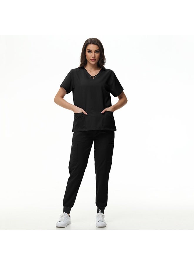 NIBEMINENT Scrubs Jogger Set Women Pet Hospital Doctor Uniform Solid Color Surgical Suits Multiple Pockets V-neck Dentist Clothes - Image 1