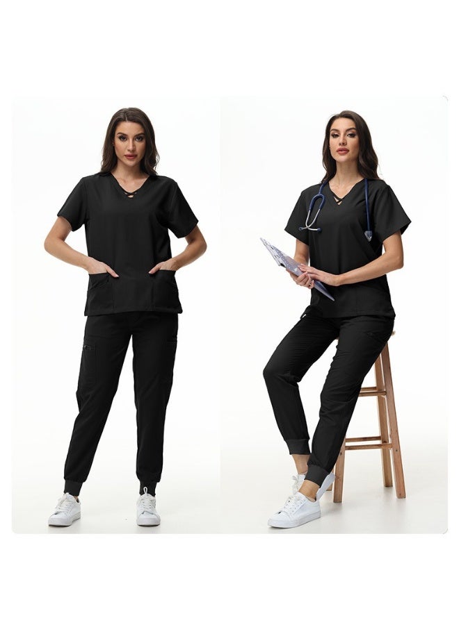 NIBEMINENT Scrubs Jogger Set Women Pet Hospital Doctor Uniform Solid Color Surgical Suits Multiple Pockets V-neck Dentist Clothes - Image 2