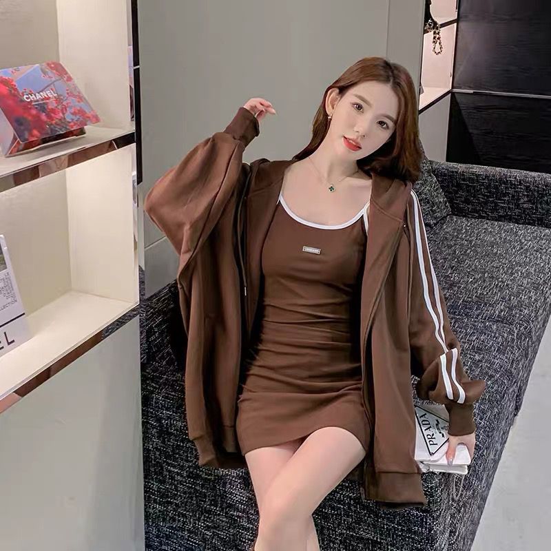2024 Early Autumn Petite Vest Dress  Hoodie Set brown coat - Image 2