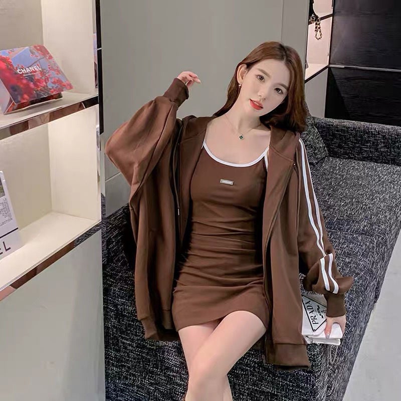 2024 Early Autumn Petite Vest Dress  Hoodie Set brown coat - Image 1