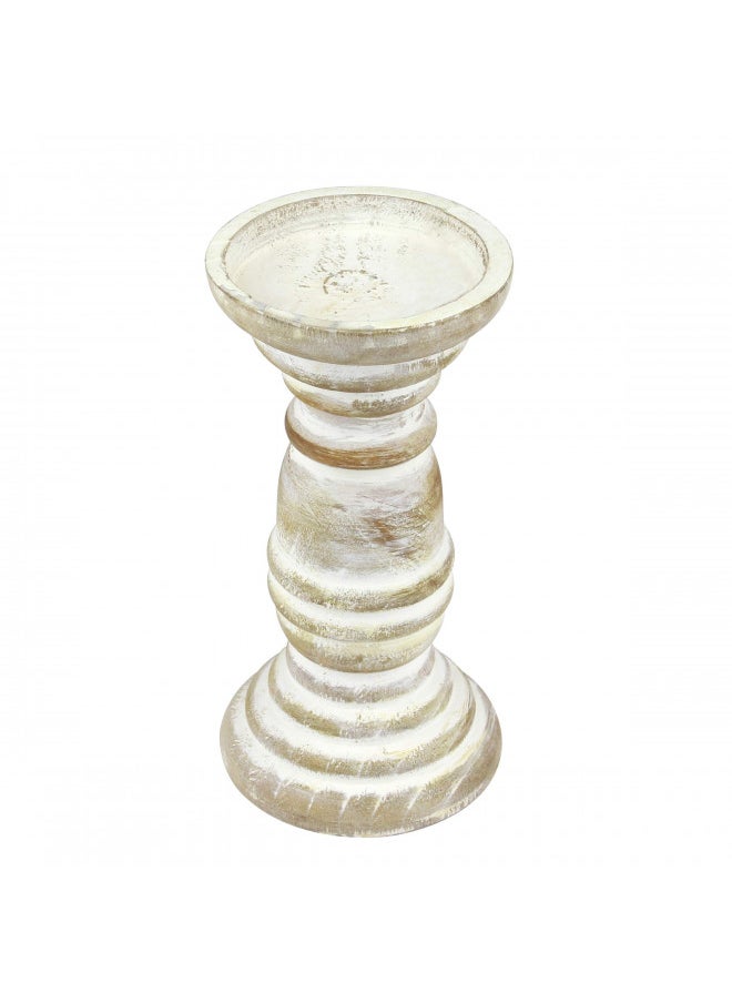 Stonebriar - Stonebriar Decorative Worn White Wooden Pillar Candle Holder, Coastal Home Decor, Ocean Inspired Designs for Wedding Decorations, Parties, or Everyday Home, Large 8 Inch - Image 1